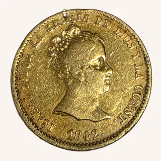 Moneda dorada de 1842 con retrato femenino de perfil